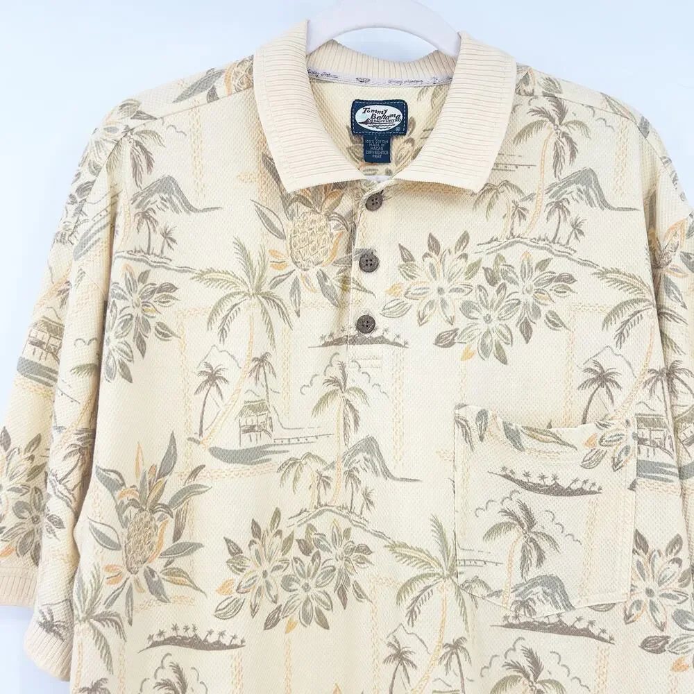 Tommy Bahama Mens Textured Cotton Tropical Floral‎ Hawaiian Polo Shirt Size L